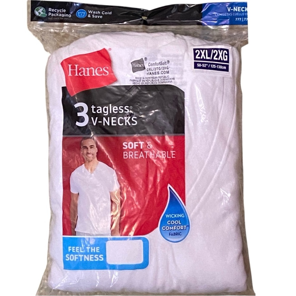 Hanes 3-Pack Tagless V-Neck T-Shirts White 2XL NWT Soft Breathable Undershirts